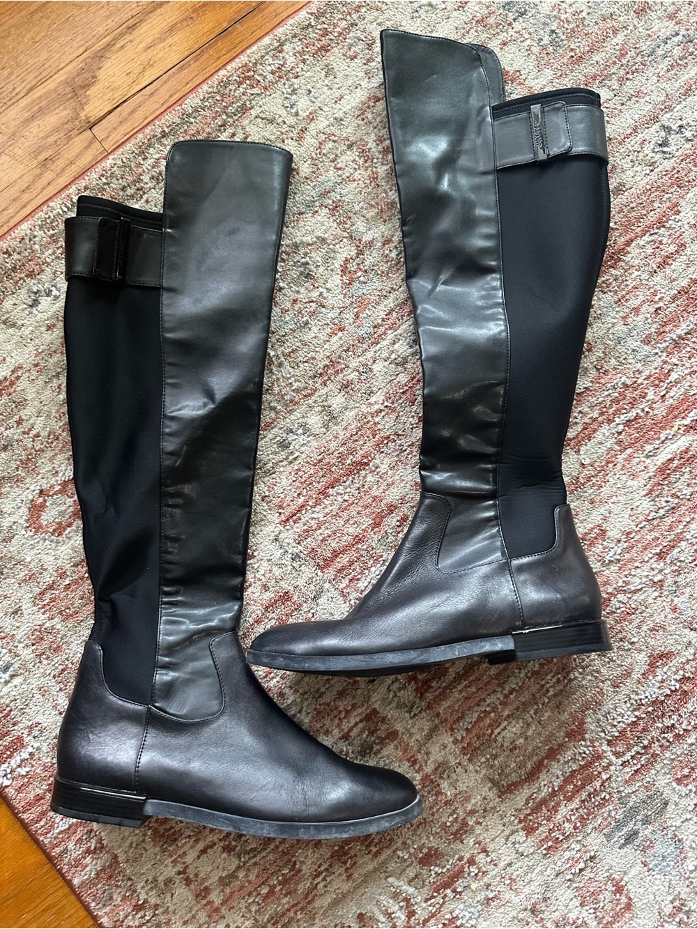 Calvin Klein Black Knee High 7.5 Faux Leather and Fabric Riding Boots